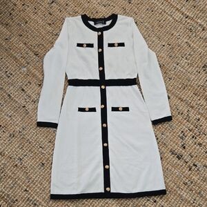 Merokeety] Elegant Black and White Long Sleeve Dress.